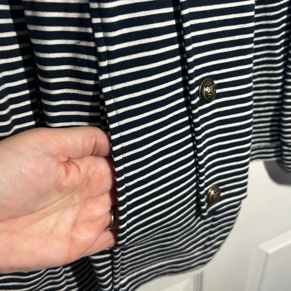 Tommy Hilfiger Striped Puff Sleeve Open Blazer Jacket Navy Large Gold Button - Picture 7 of 16